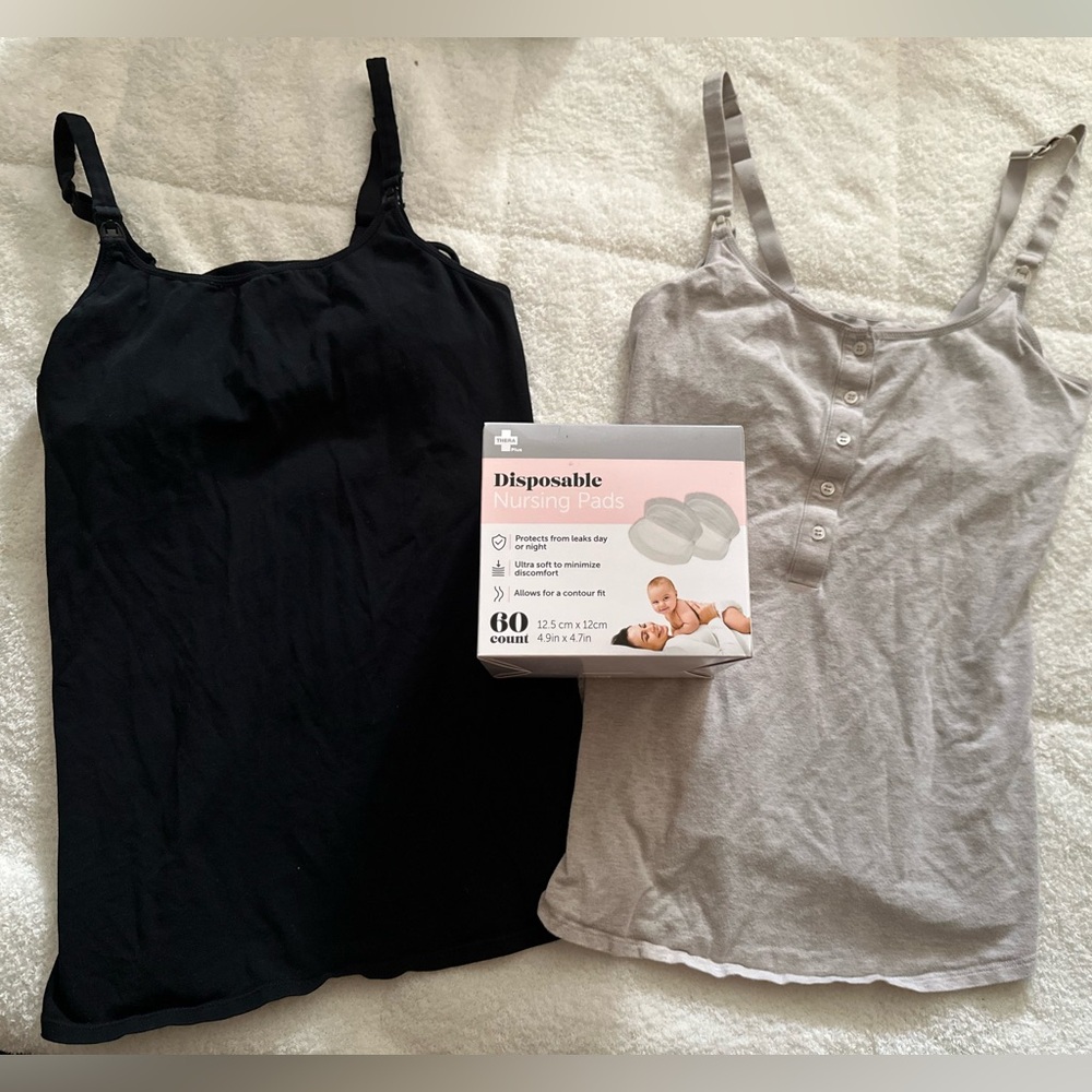 2 Nursing Tank Tops + 60 ct. Disposable Nursing Pads | Maternity Nursing Bundle